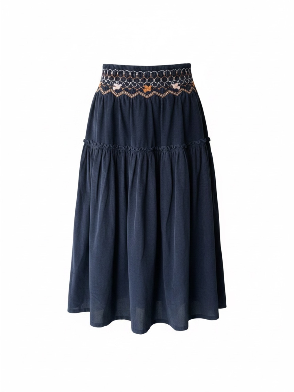Free People Navy corduroy Midi Skirt with Embroidered Waist